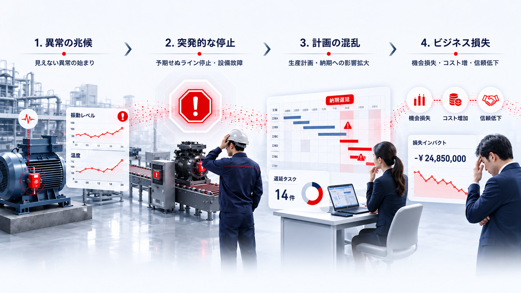 異常の兆候が見過ごされ、突発的な停止、生産計画と納期の混乱、そして機会損失・コスト増加・信頼低下へと連鎖していくようすを示した図